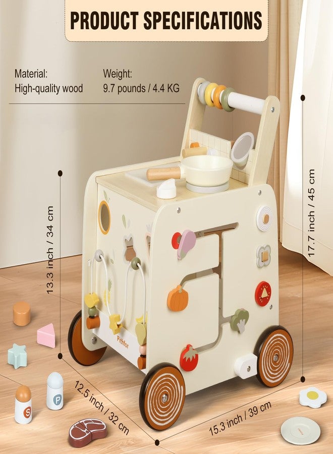 Pithfor Wooden Baby Walker, 3-in-1 Baby Push Walker, with Pretend Kitchen, Montessori Sensory Activity Center, Push Walker Toys for Babies Learning to Walk, Sit-to-Stand - Image 5